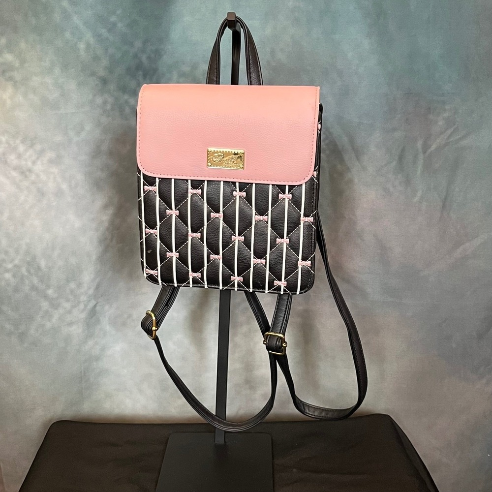 Betsey Johnson Backpack Pink Black Bow Quilted Vegan Leather Mini Cute